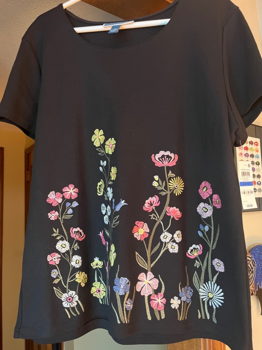Karen Scott Black Short Sleeve Tee with Multicolor Embroidered Flowers